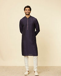 Twamev Men Midnight Blue Self Patterned Kurta Set