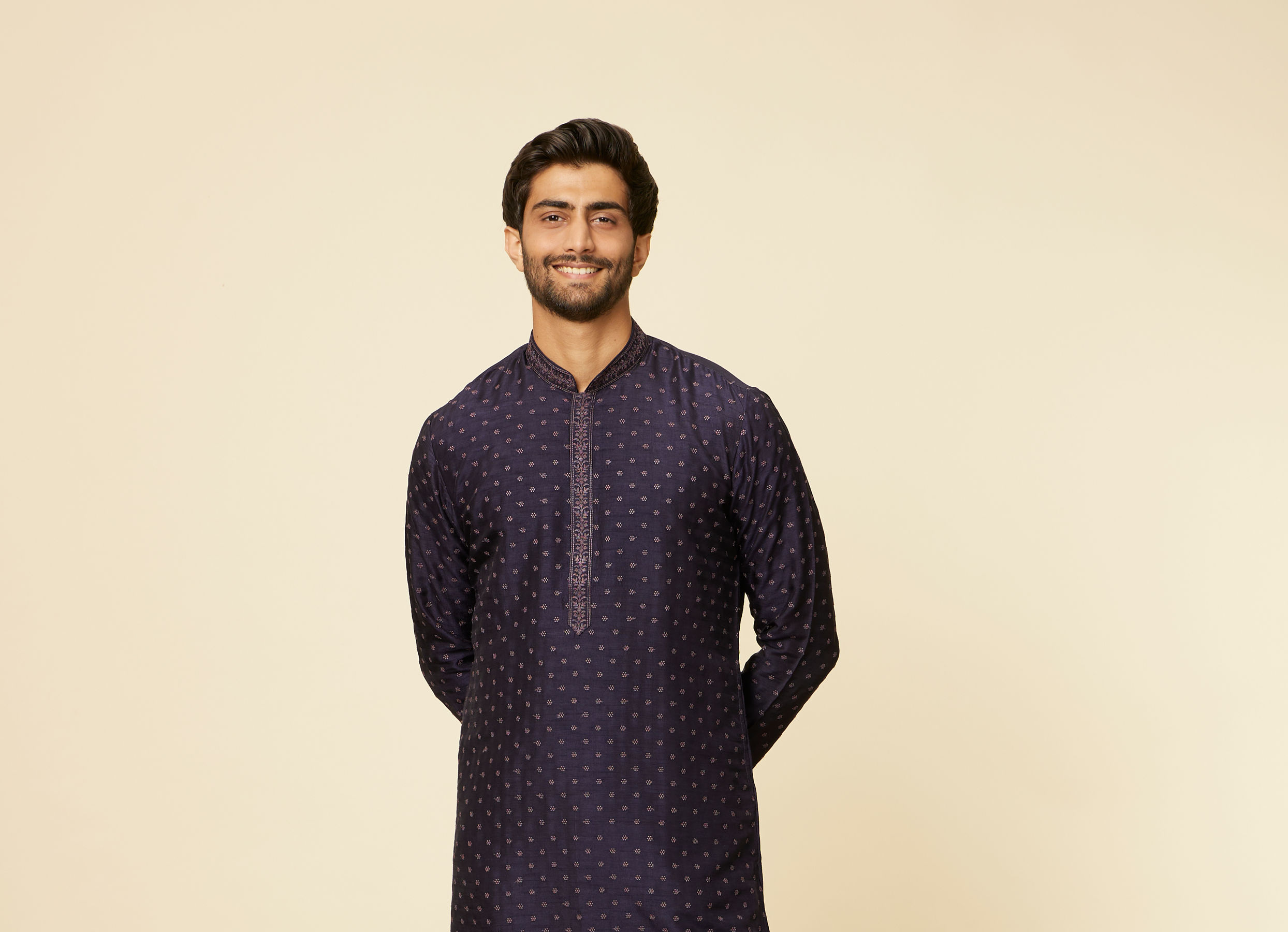Twamev Men Midnight Blue Self Patterned Kurta Set