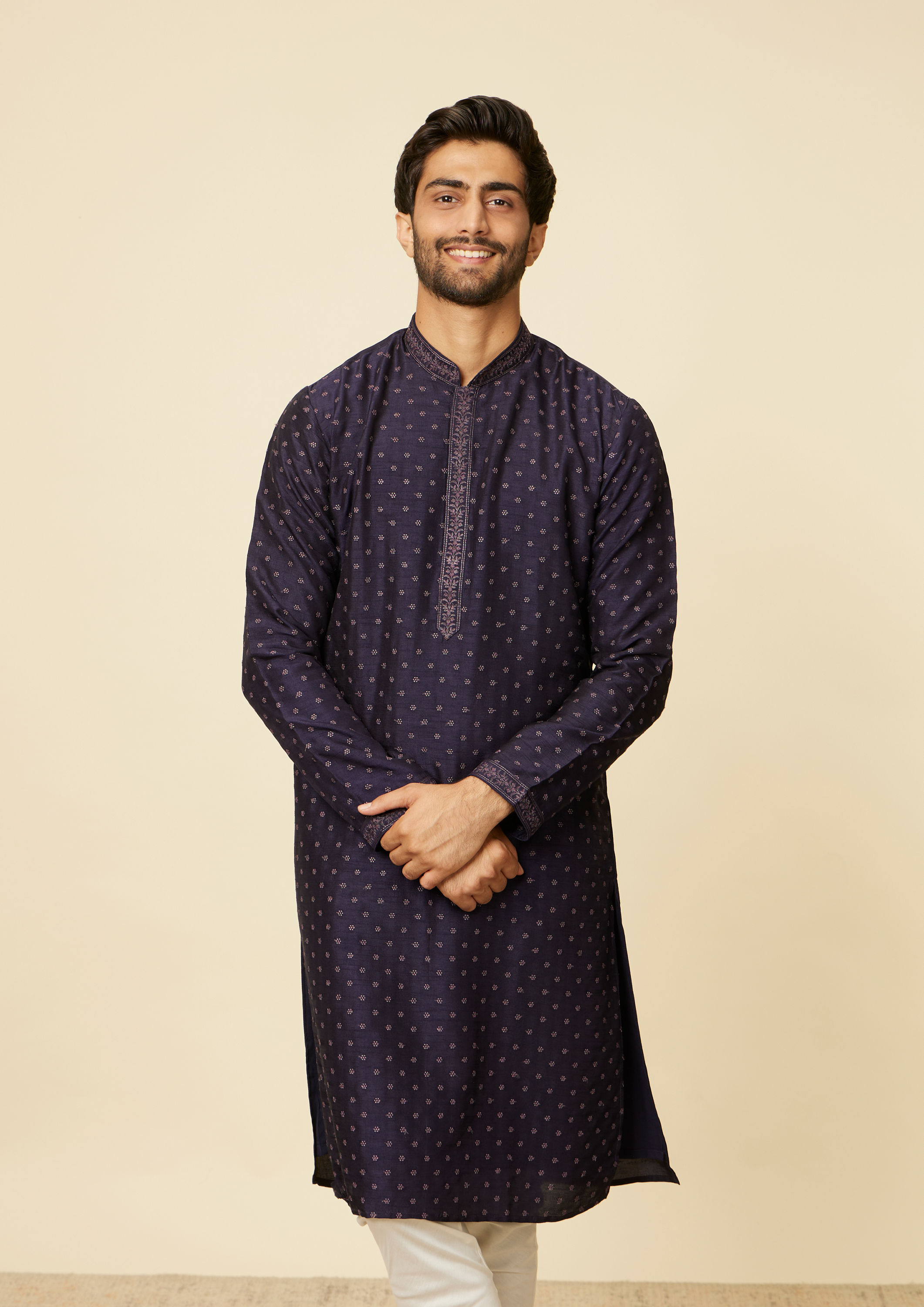 Twamev Men Midnight Blue Self Patterned Kurta Set