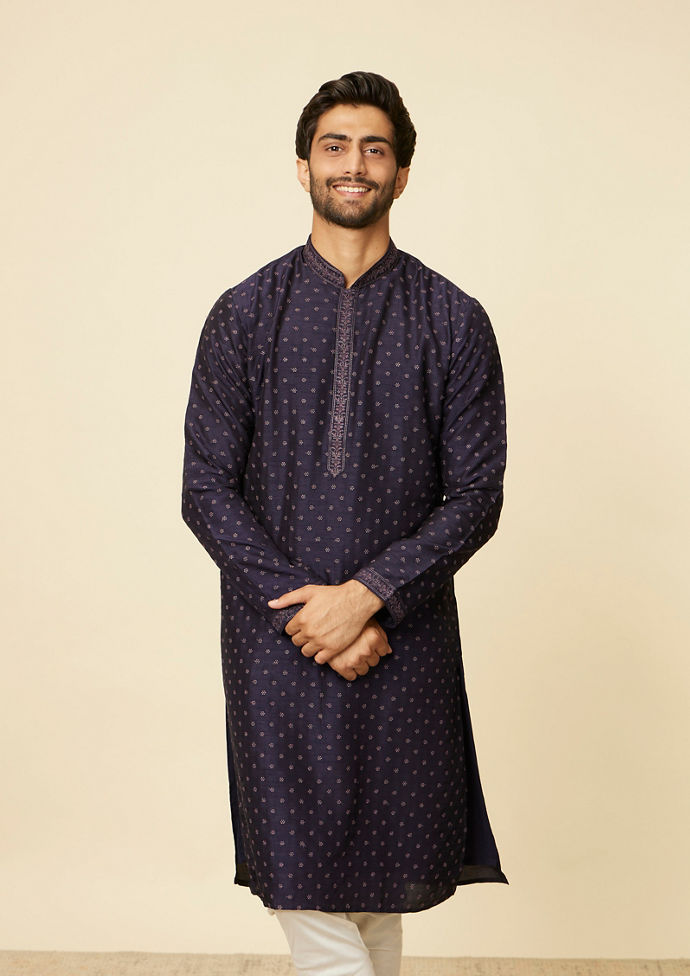 Twamev Men Midnight Blue Silk Self-Patterned Kurta Set