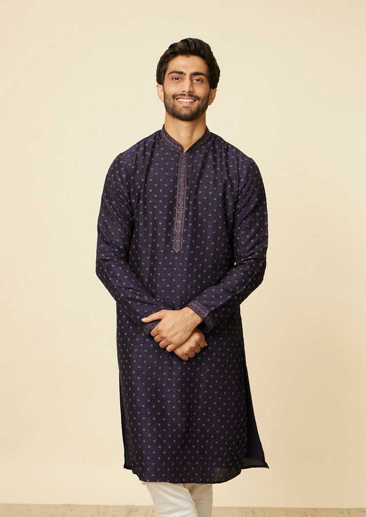 Twamev Men Midnight Blue Self Patterned Kurta Set