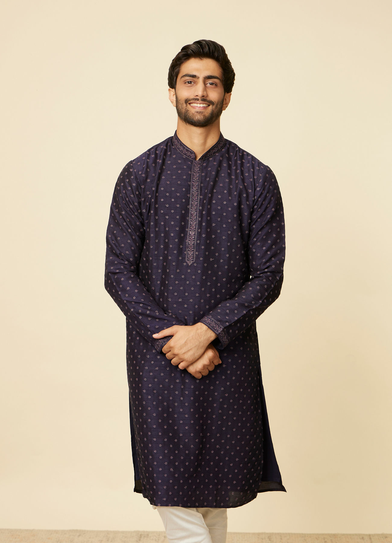 Twamev Men Midnight Blue Self Patterned Kurta Set