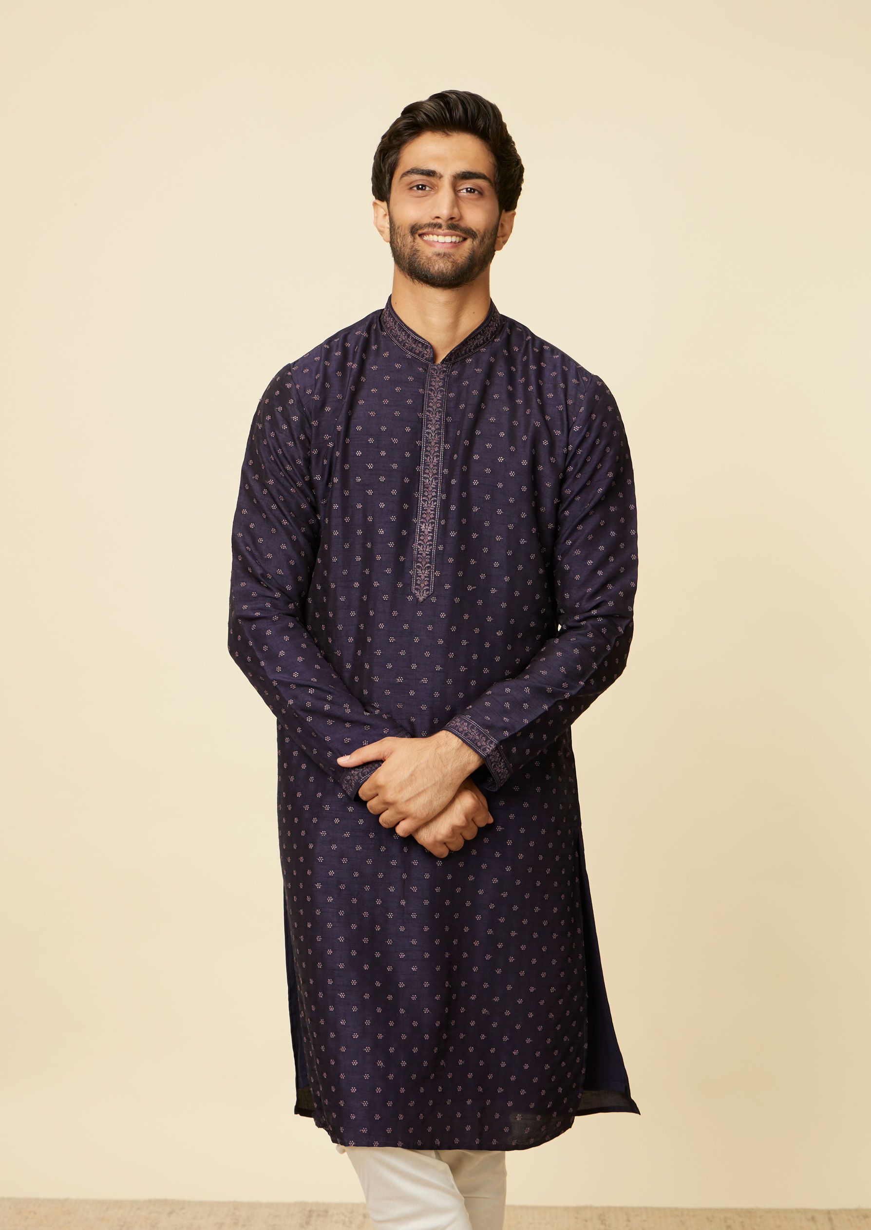 Twamev Men Midnight Blue Self Patterned Kurta Set