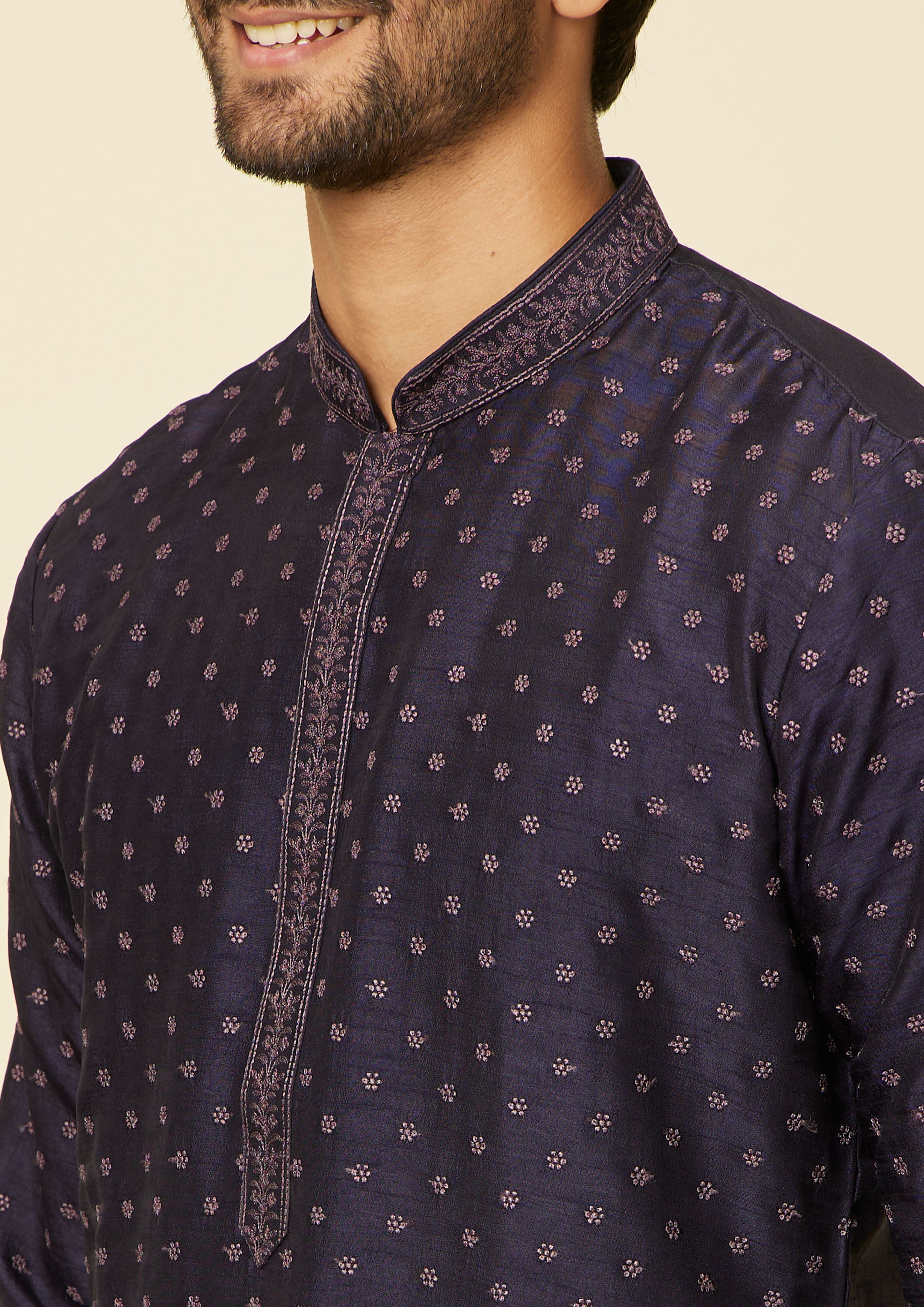 Twamev Men Midnight Blue Self Patterned Kurta Set