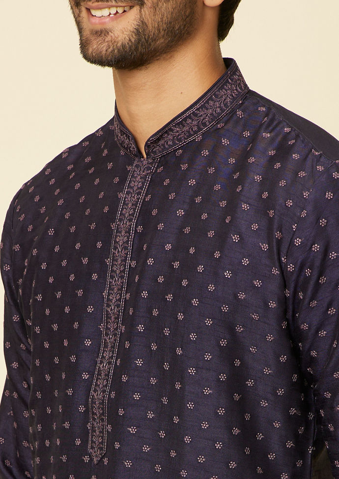 Twamev Men Midnight Blue Silk Self-Patterned Kurta Set