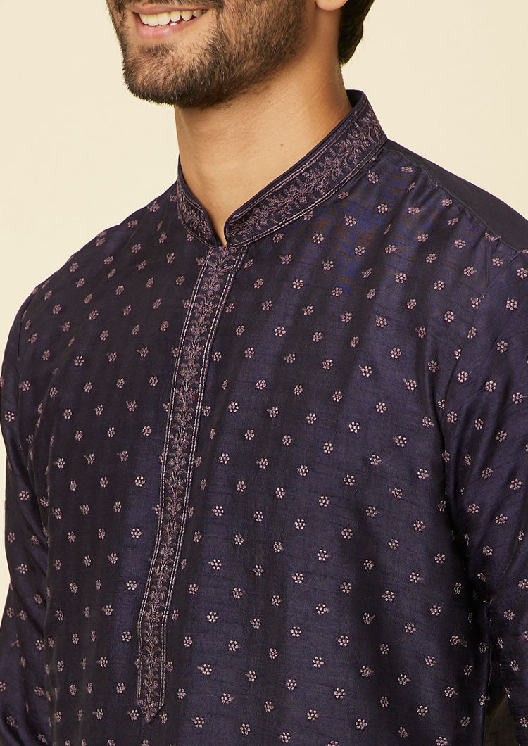 Twamev Men Midnight Blue Self Patterned Kurta Set