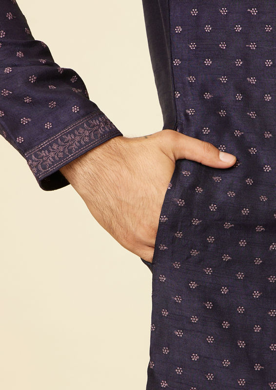 Twamev Men Midnight Blue Self Patterned Kurta Set