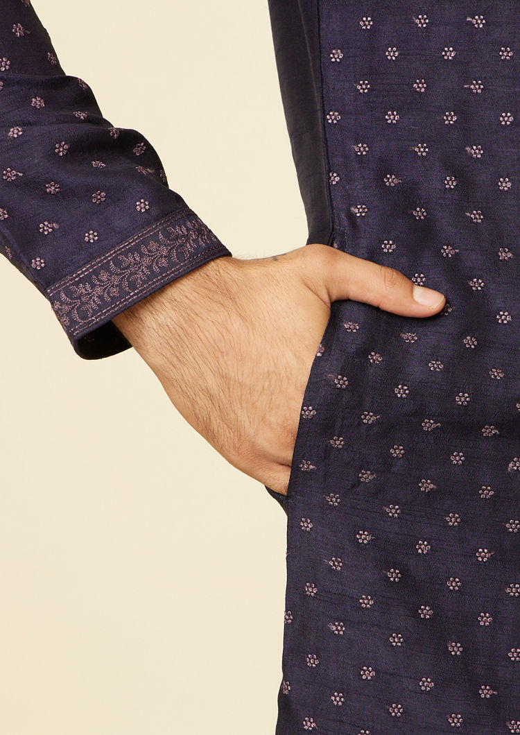Twamev Men Midnight Blue Self Patterned Kurta Set