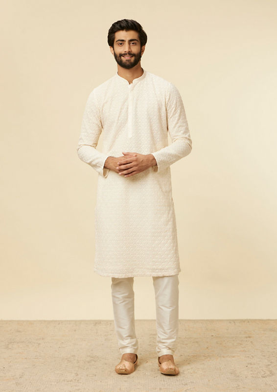Twamev Men Cream Self Patterned Kurta Set