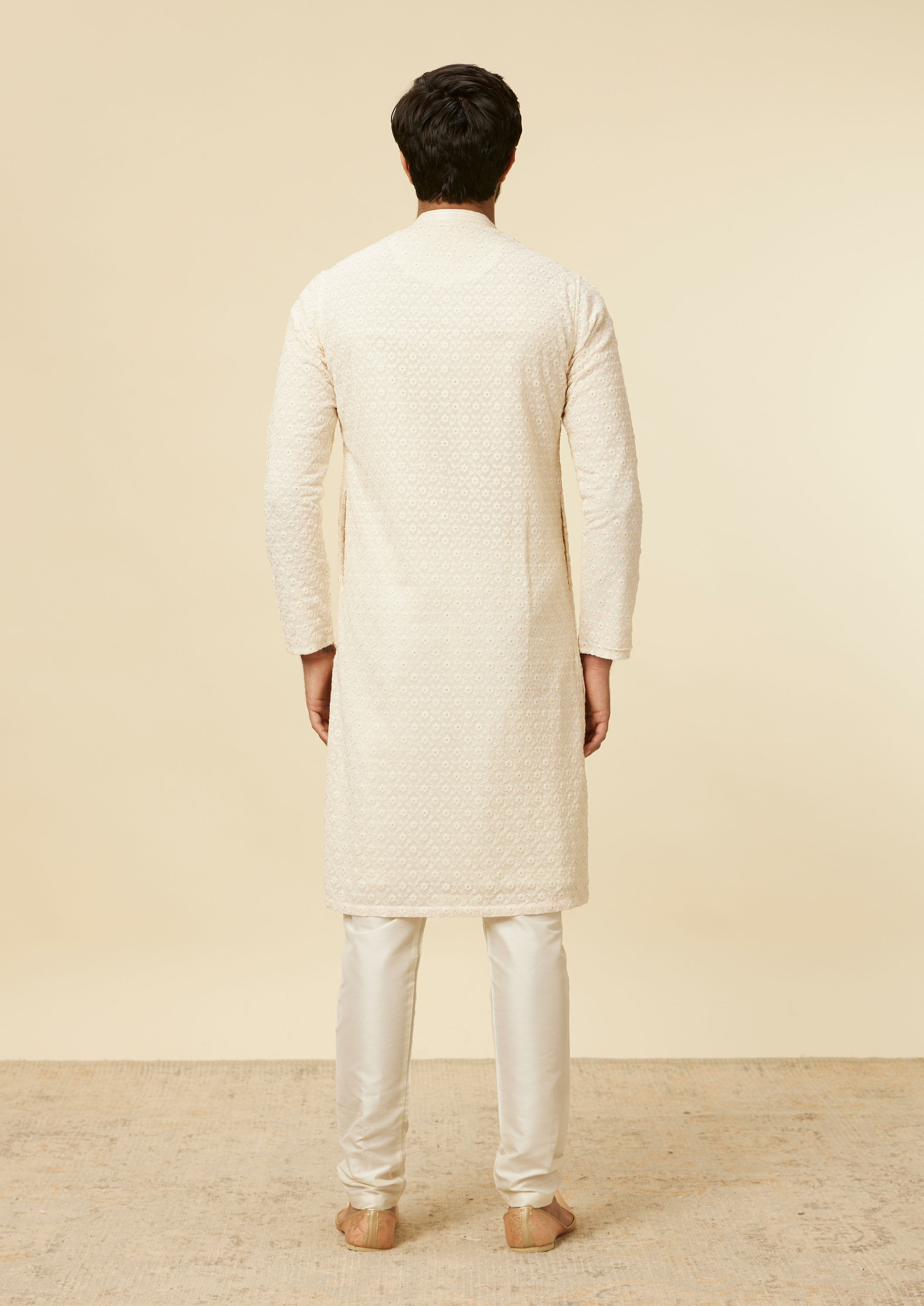 Twamev Men Cream Self Patterned Kurta Set
