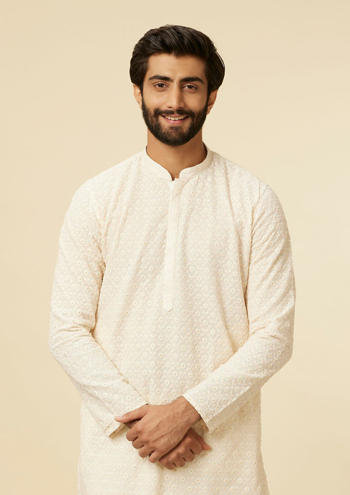 Twamev Men Cream Self Patterned Kurta Set