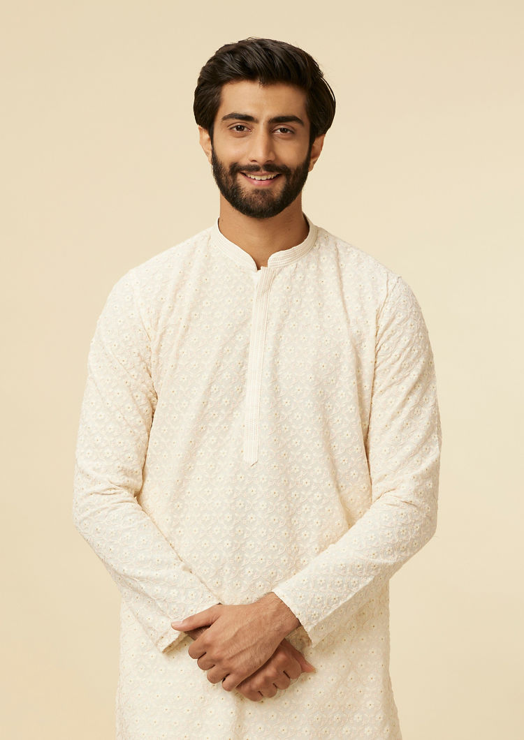 Twamev Men Cream Self Patterned Kurta Set
