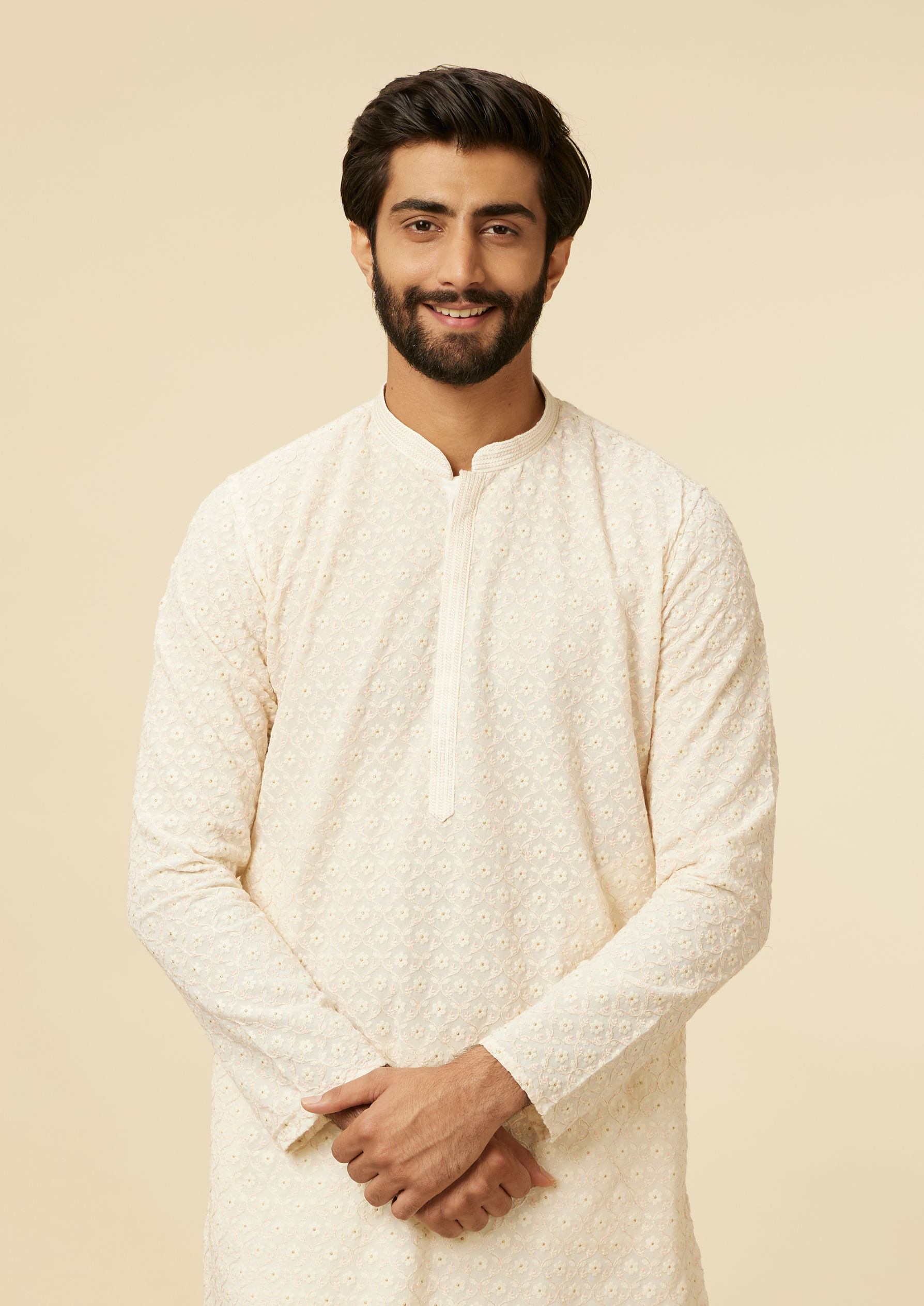 Twamev Men Cream Self Patterned Kurta Set