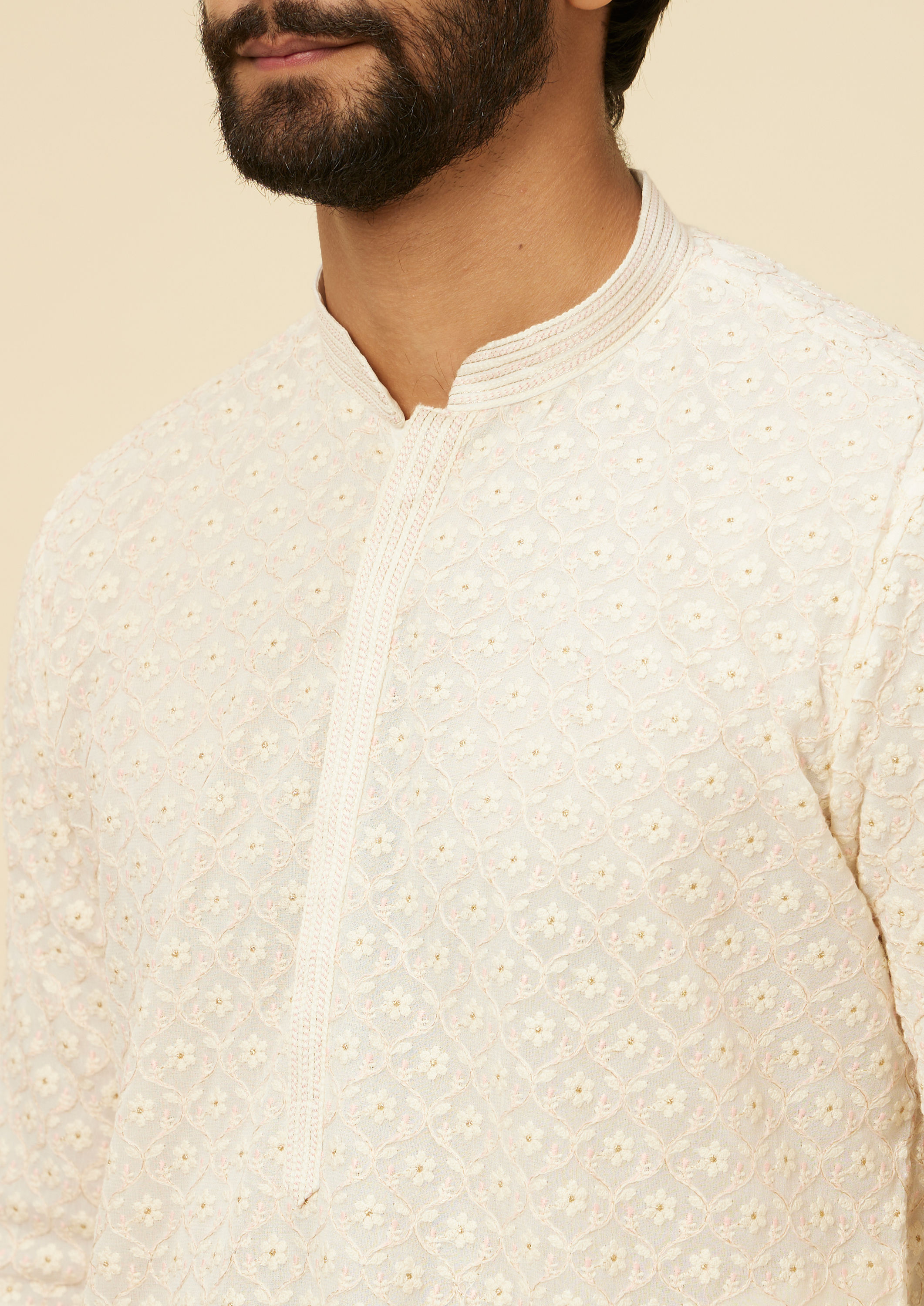 Twamev Men Cream Self Patterned Kurta Set