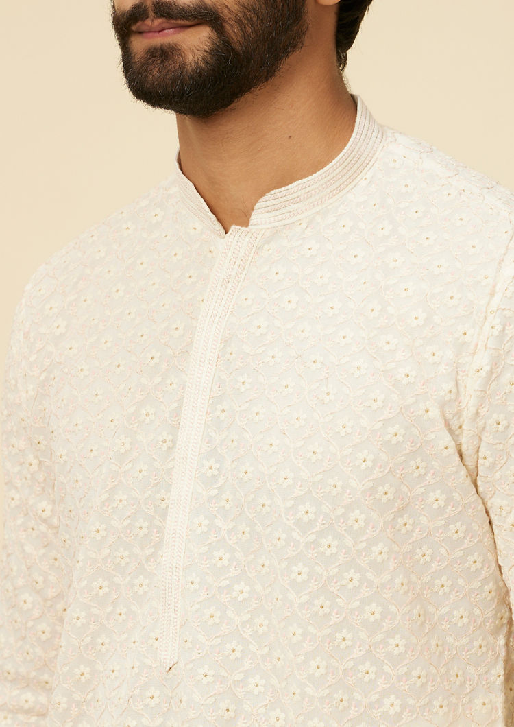 Twamev Men Cream Self Patterned Kurta Set