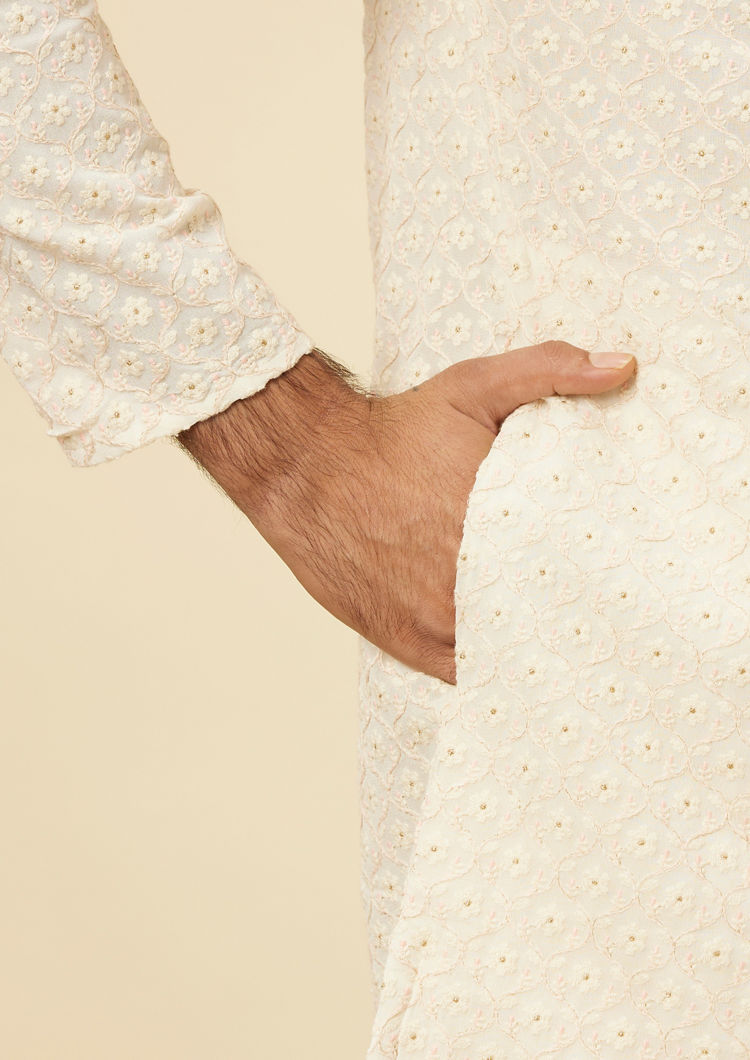 Twamev Men Cream Self Patterned Kurta Set
