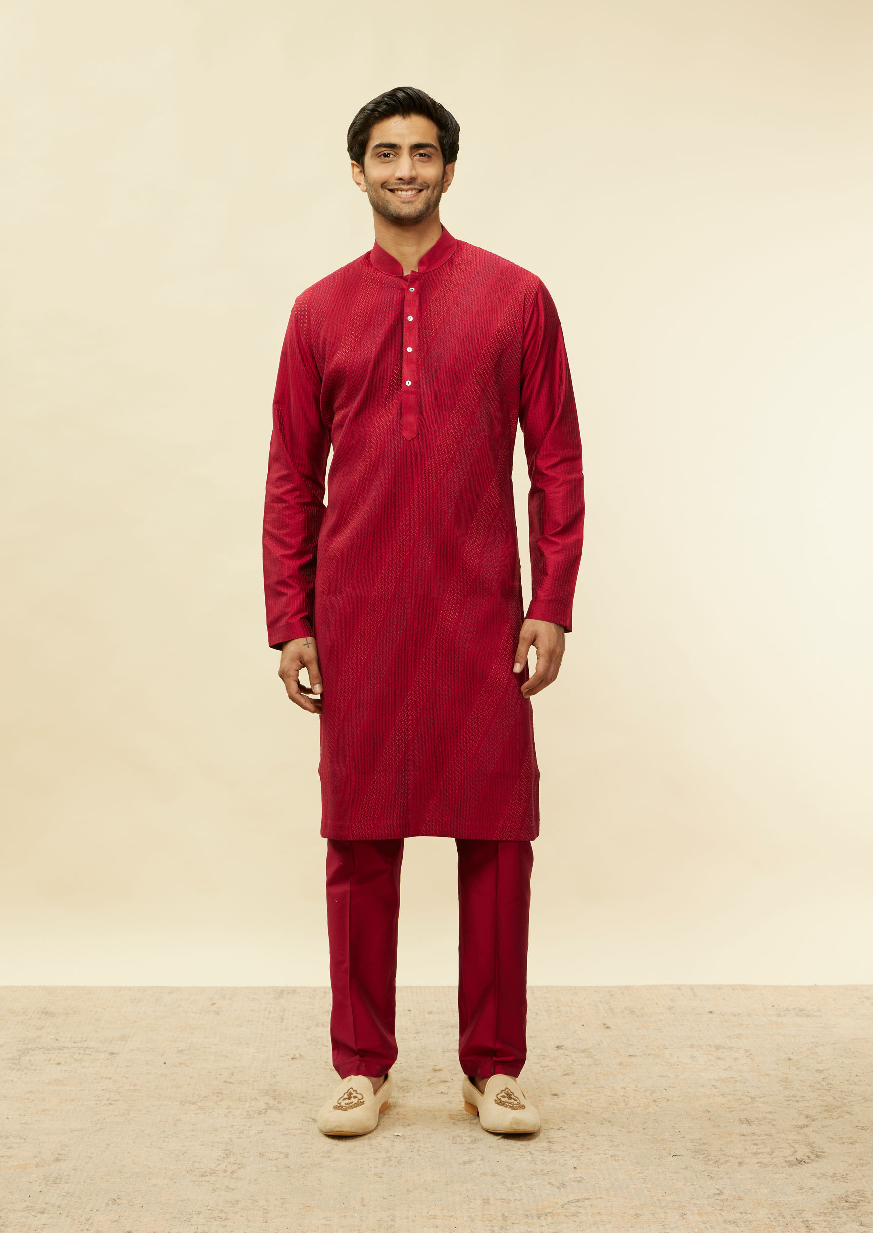 Twamev Men Timeless Red Pintex Elegance Kurta Set image number 2