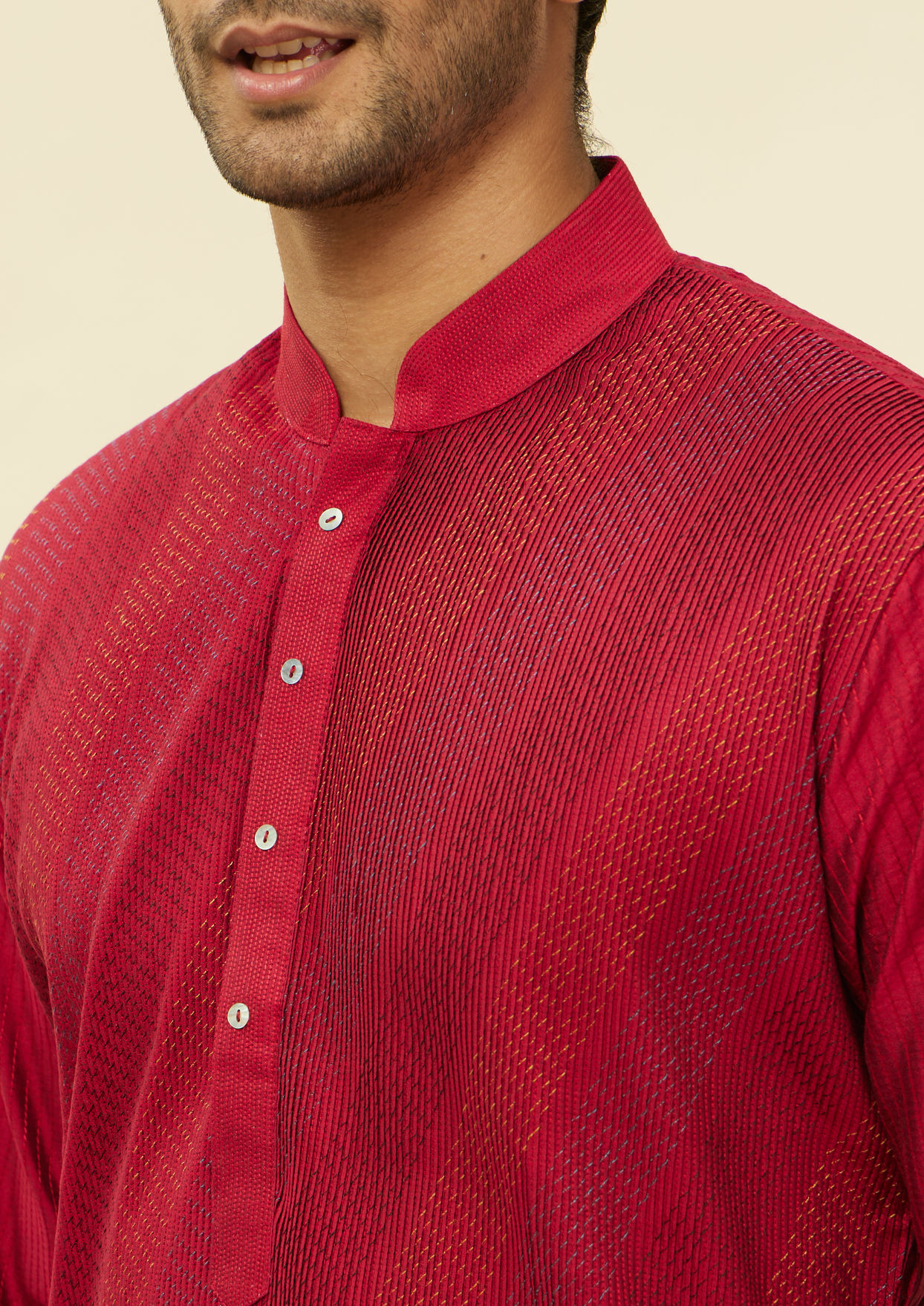 alt message - Twamev Men Timeless Red Pintex Elegance Kurta Set image number 1