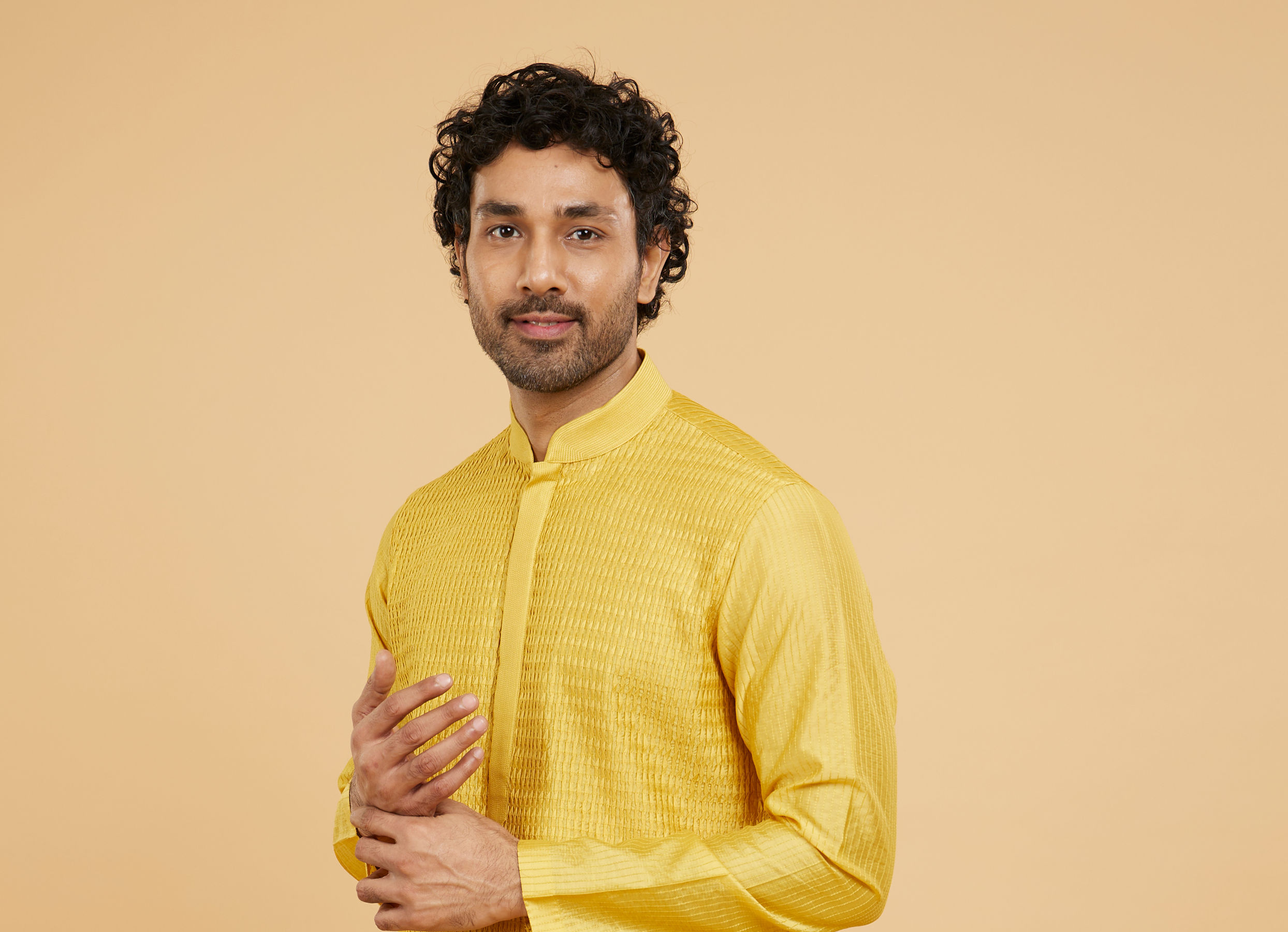 Twamev Men Mustard Viscose Pintuck Kurta Set