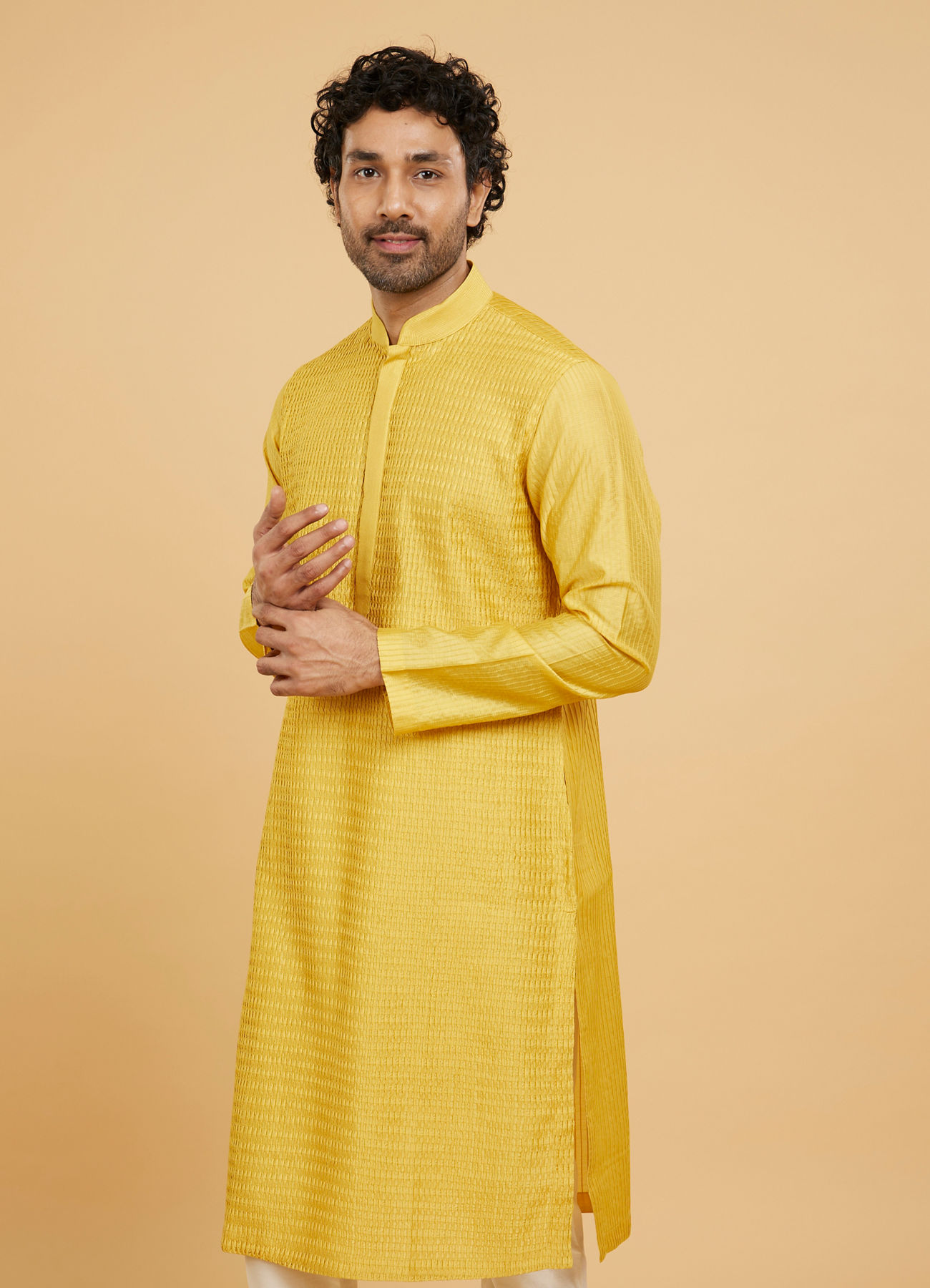 Twamev Men Mustard Viscose Pintuck Kurta Set