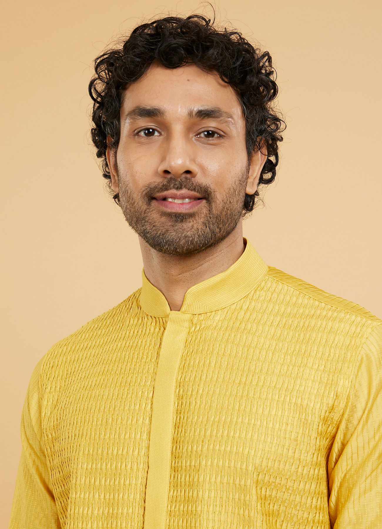 Twamev Men Mustard Viscose Pintuck Kurta Set