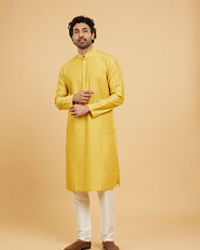 Twamev Men Mustard Viscose Pintuck Kurta Set