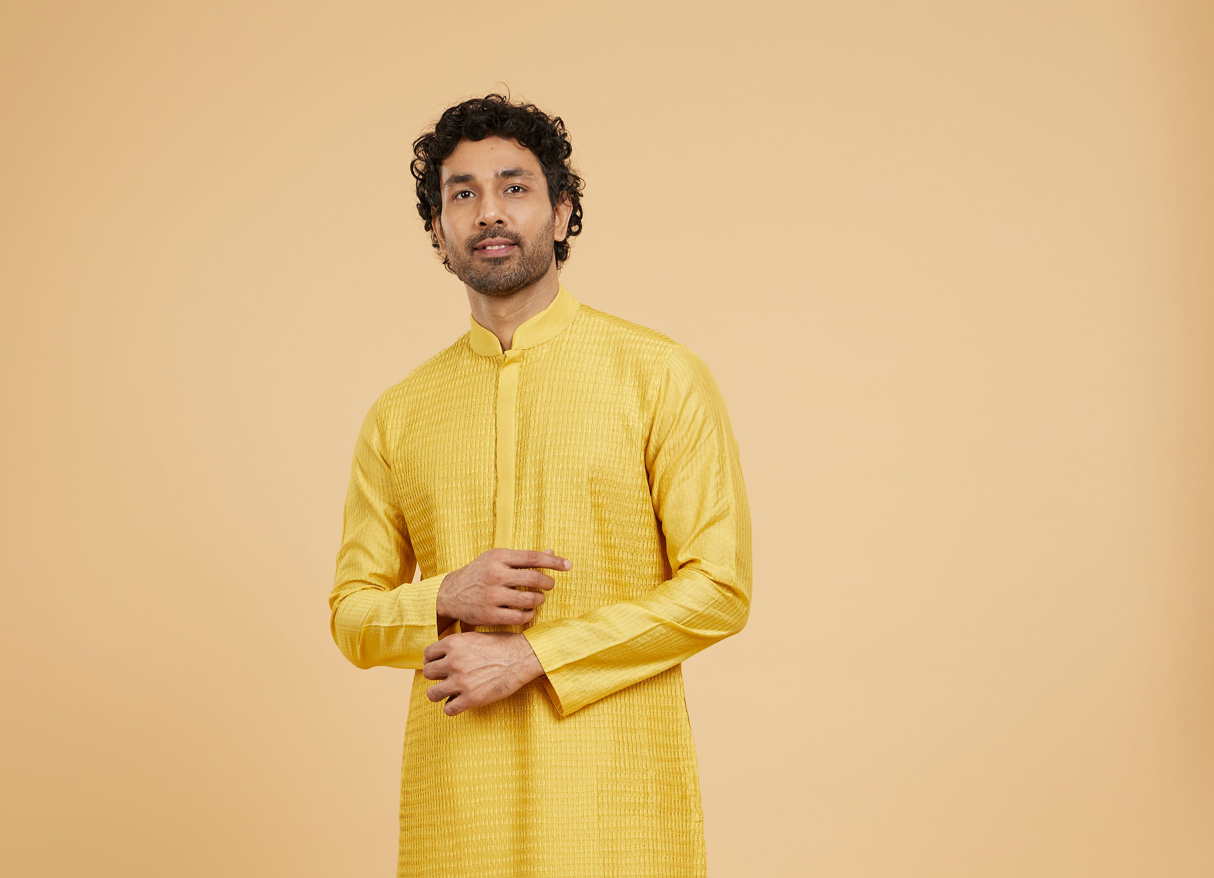 Twamev Men Mustard Viscose Pintuck Kurta Set
