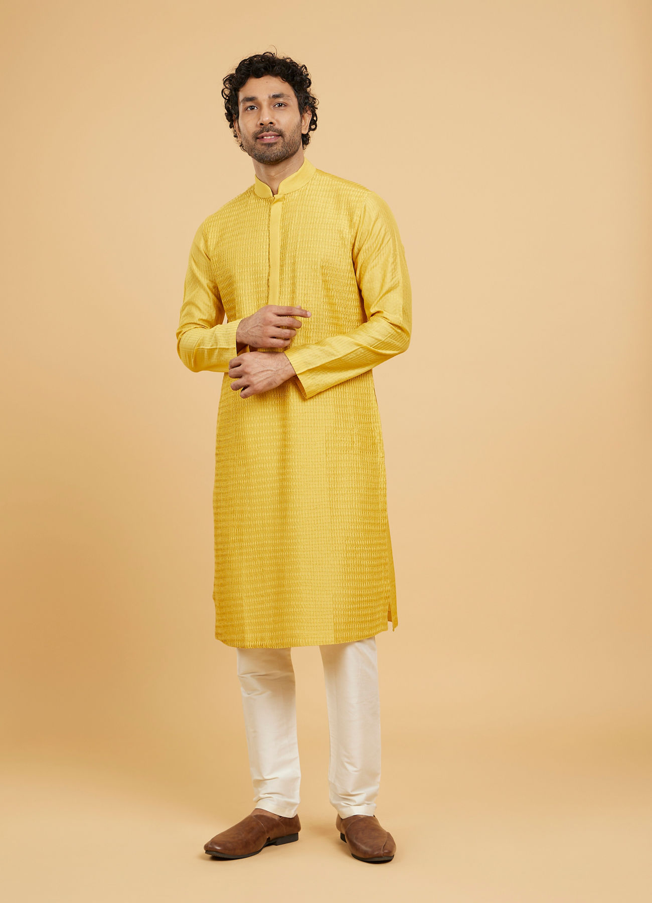 Twamev Men Mustard Viscose Pintuck Kurta Set
