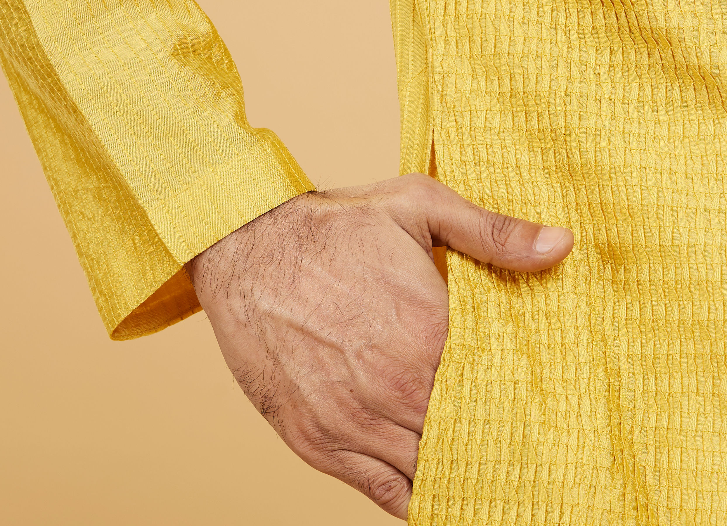 Twamev Men Mustard Viscose Pintuck Kurta Set