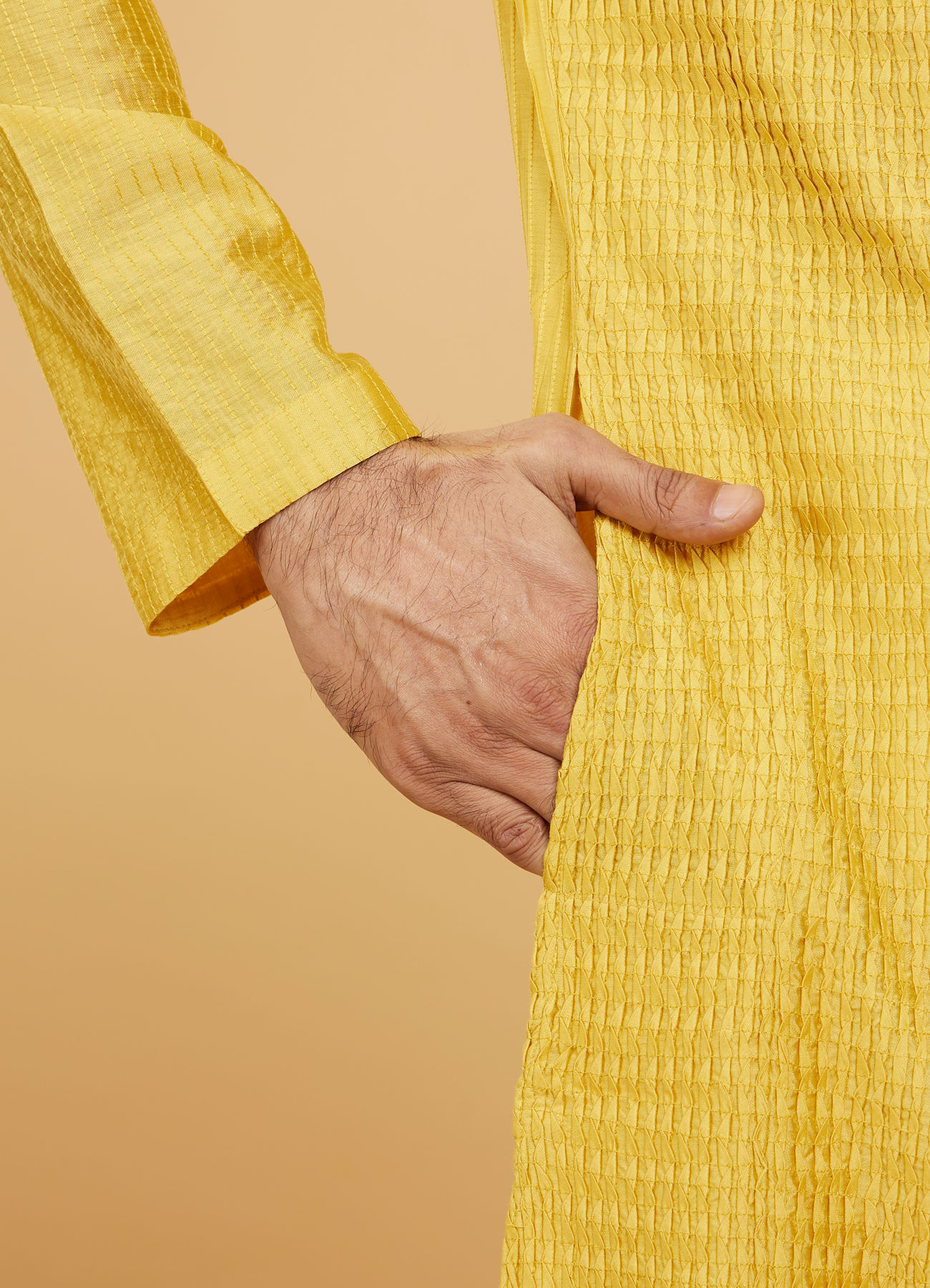 Twamev Men Mustard Viscose Pintuck Kurta Set