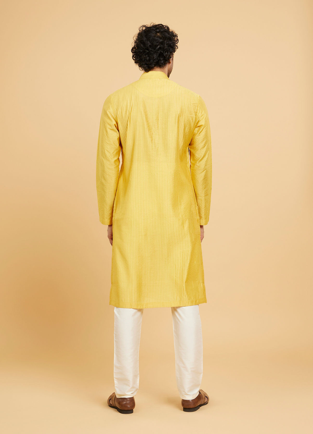 Twamev Men Mustard Viscose Pintuck Kurta Set