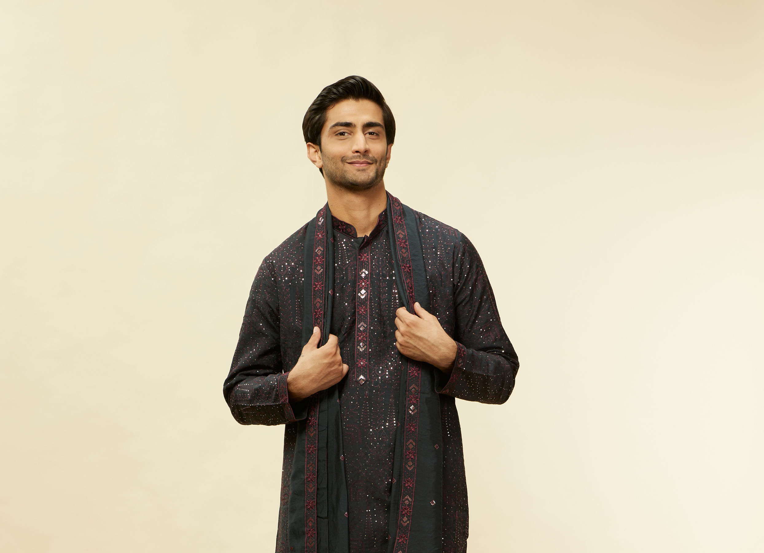 Twamev Men Enigmatic Dark Grey Sequin Kurta Set with Dupatta