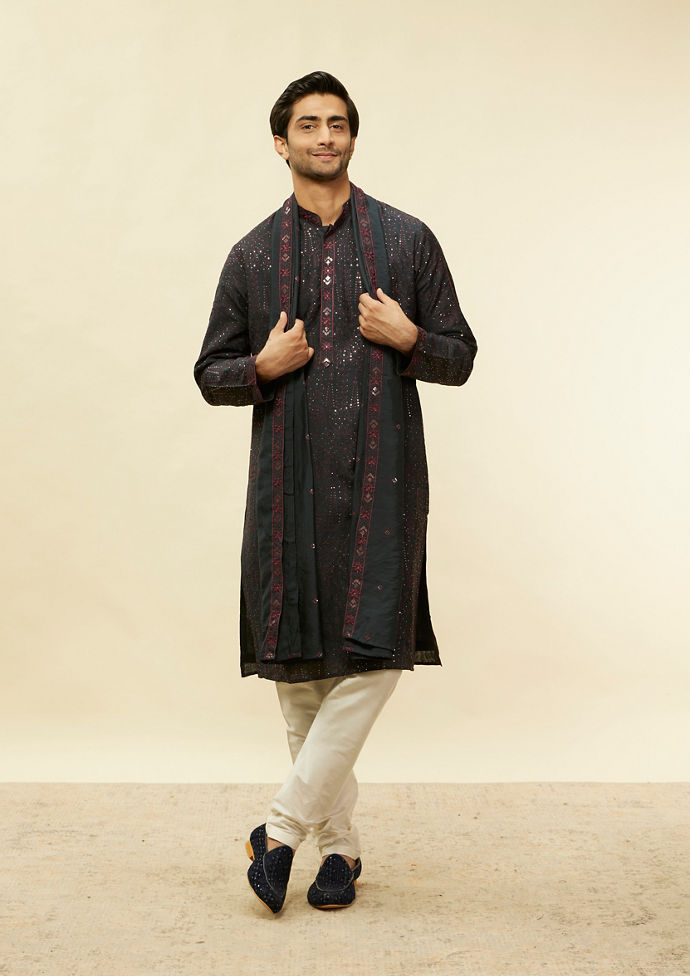 Twamev Men Enigmatic Dark Grey Sequin Kurta Set with Dupatta