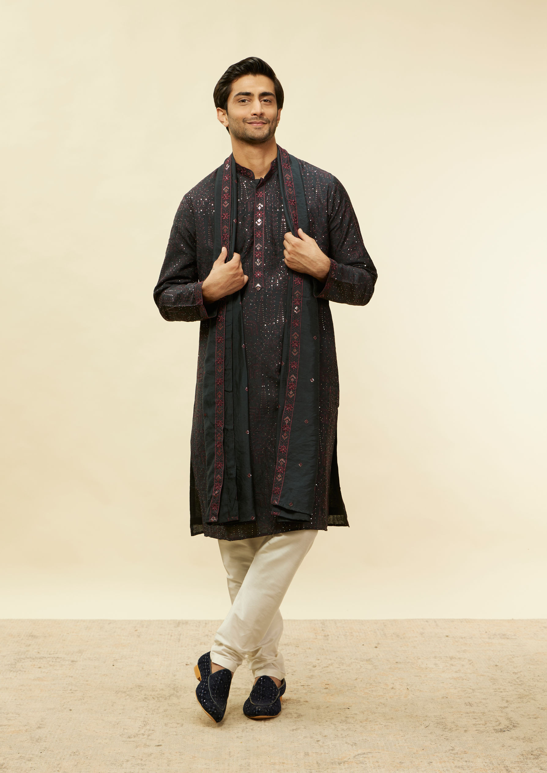 Twamev Men Enigmatic Dark Grey Sequin Kurta Set with Dupatta