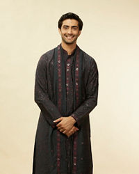 Twamev Men Enigmatic Dark Grey Sequin Kurta Set with Dupatta