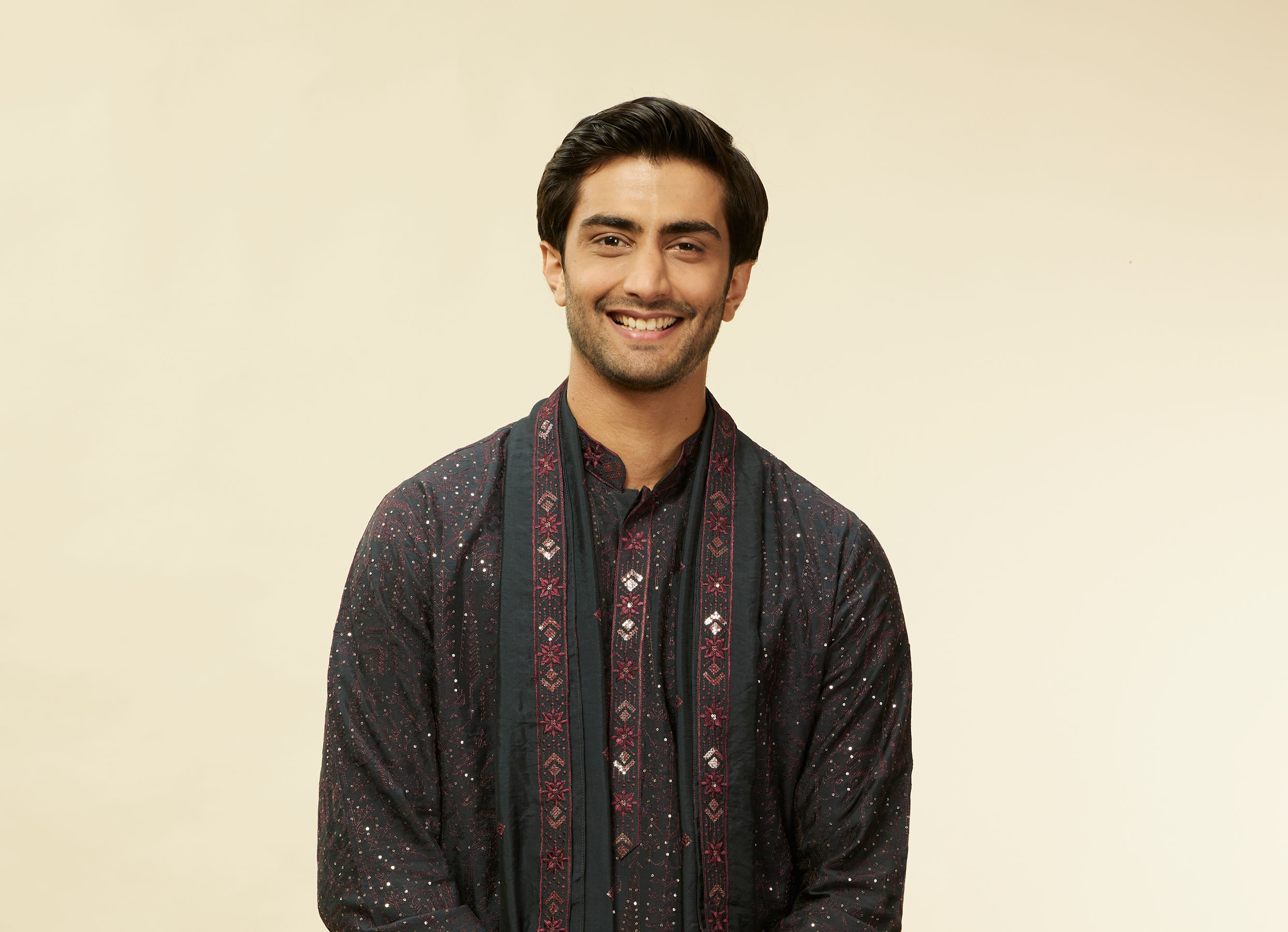 Twamev Men Enigmatic Dark Grey Sequin Kurta Set with Dupatta