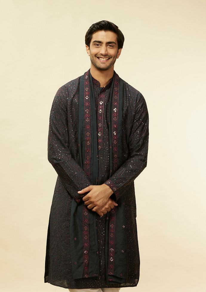 Twamev Men Enigmatic Dark Grey Sequin Kurta Set with Dupatta