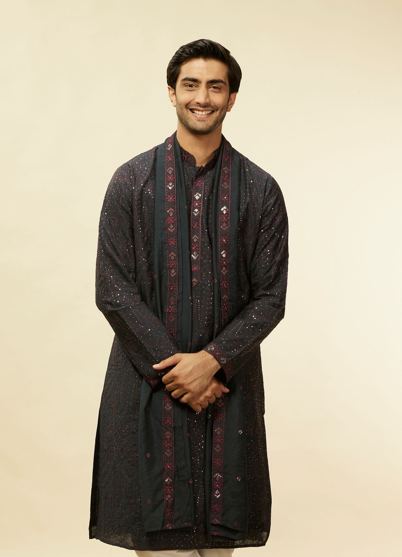 Twamev Men Enigmatic Dark Grey Sequin Kurta Set with Dupatta