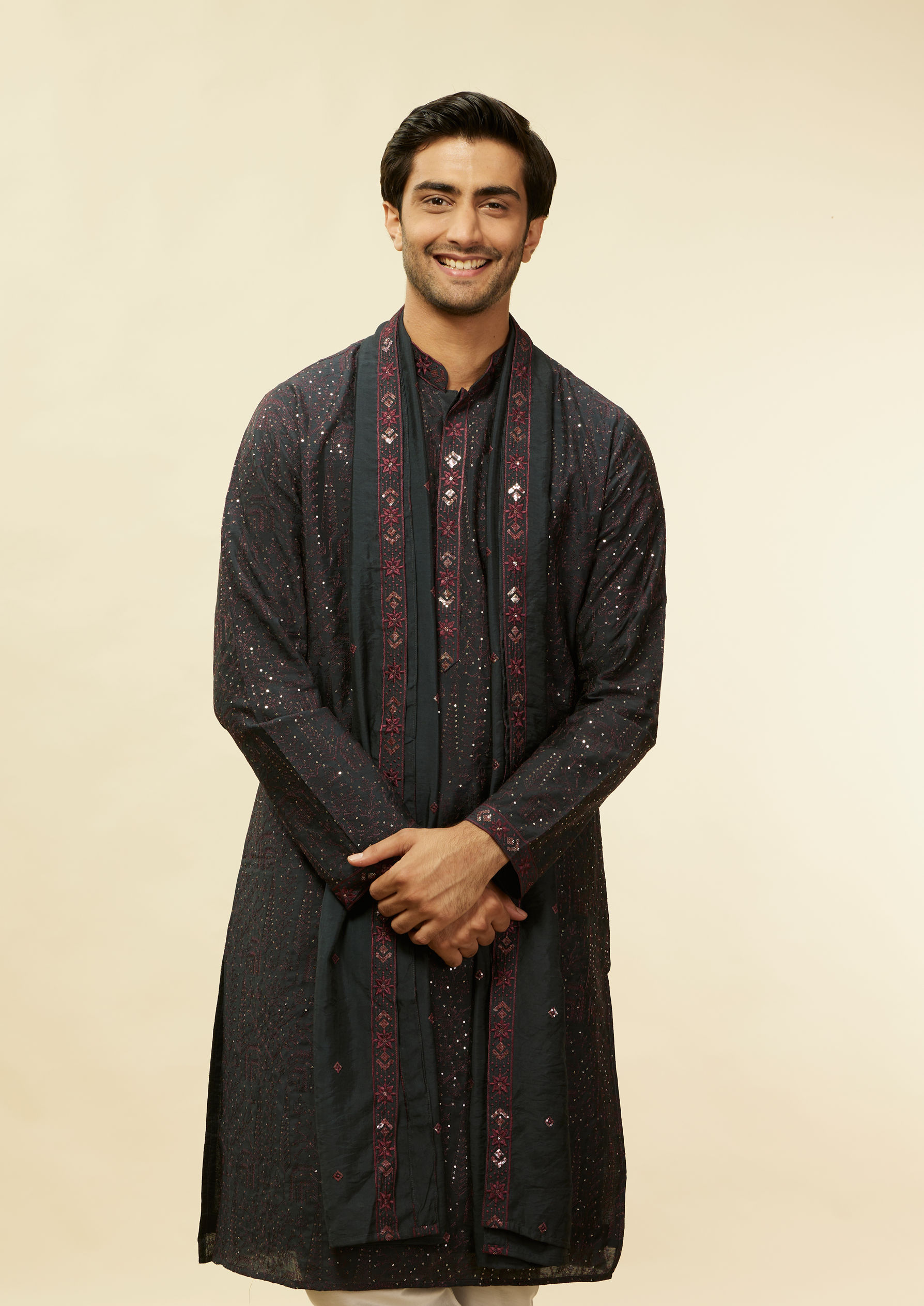 Twamev Men Enigmatic Dark Grey Sequin Kurta Set with Dupatta