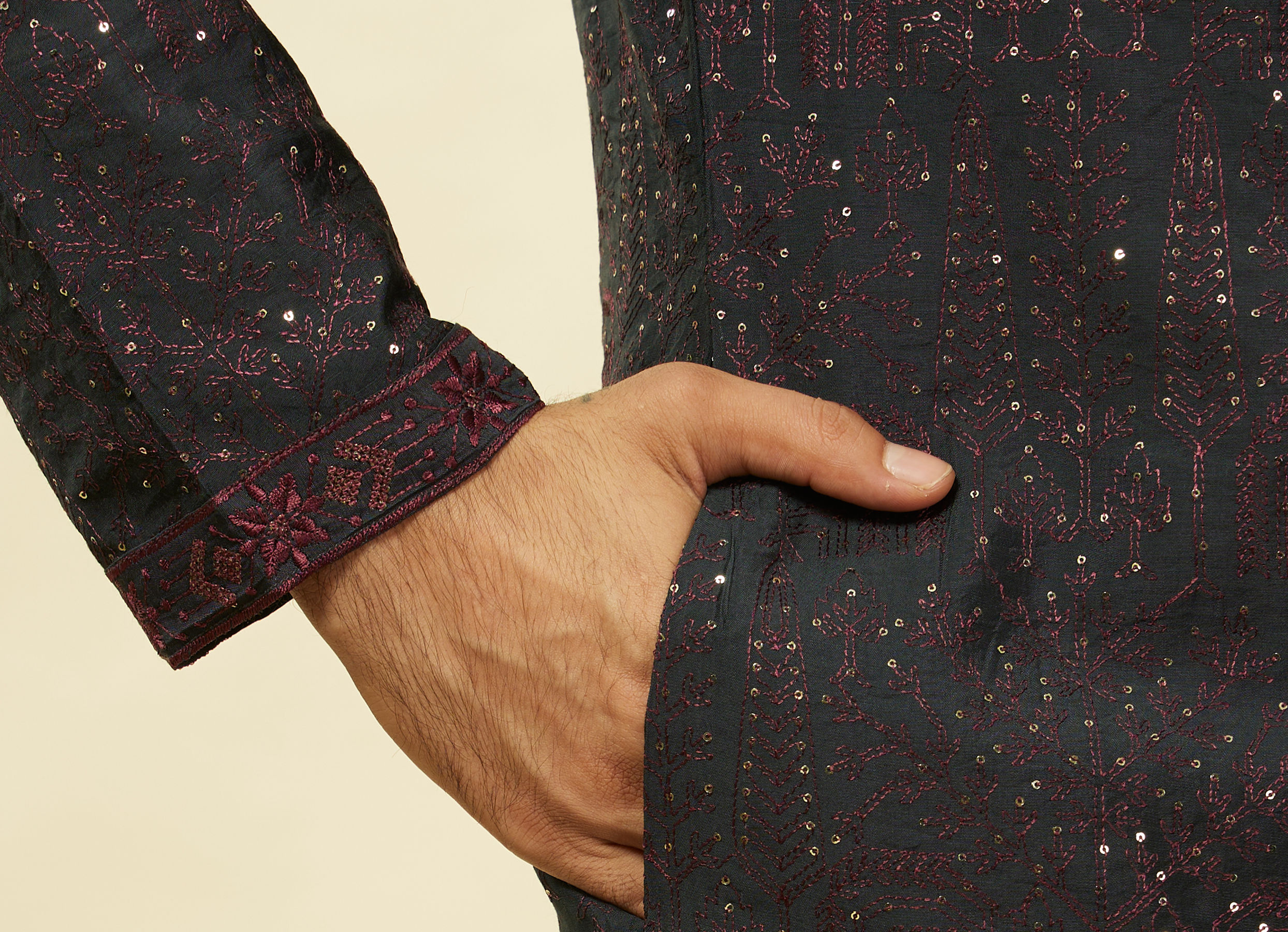 Twamev Men Enigmatic Dark Grey Sequin Kurta Set with Dupatta