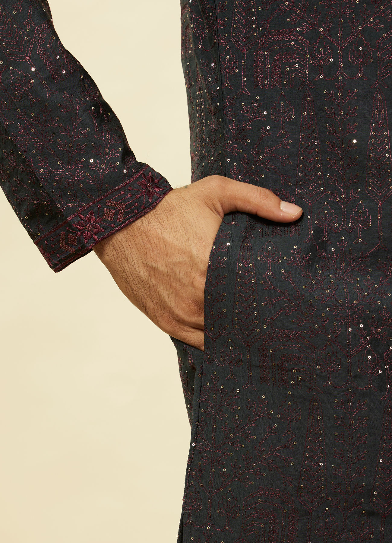 Twamev Men Enigmatic Dark Grey Sequin Kurta Set with Dupatta