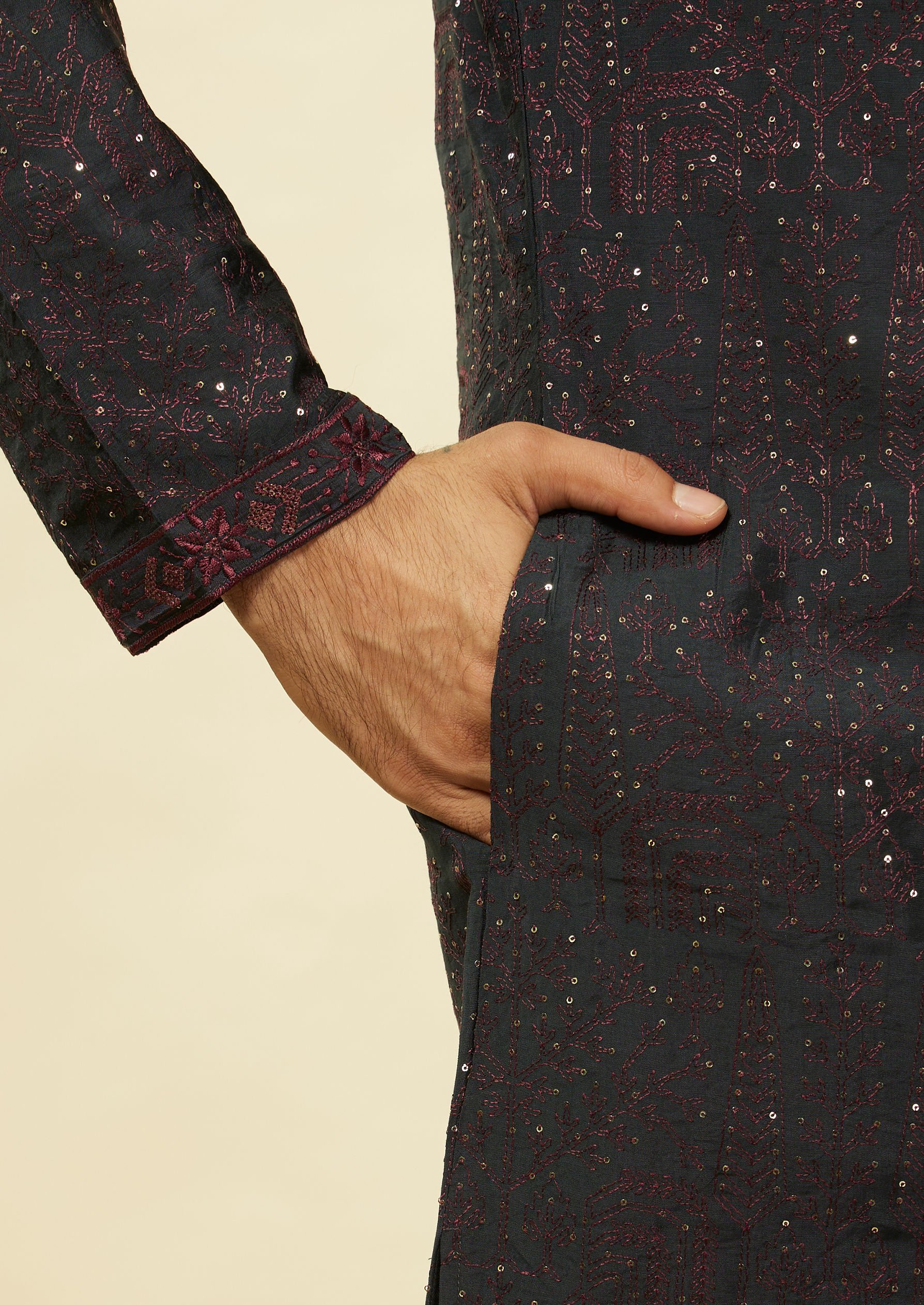 Twamev Men Enigmatic Dark Grey Sequin Kurta Set with Dupatta