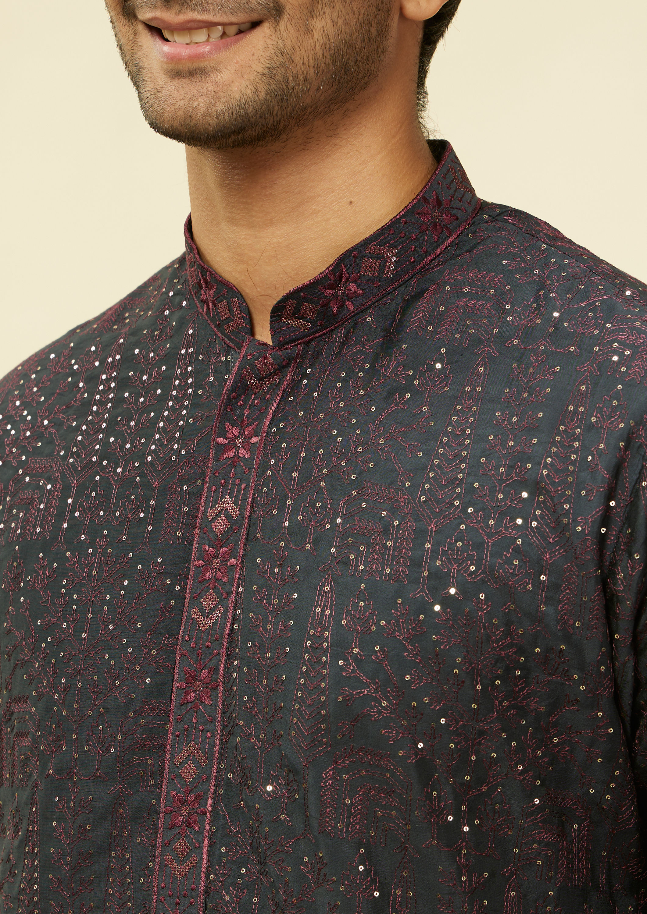 Twamev Men Enigmatic Dark Grey Sequin Kurta Set with Dupatta