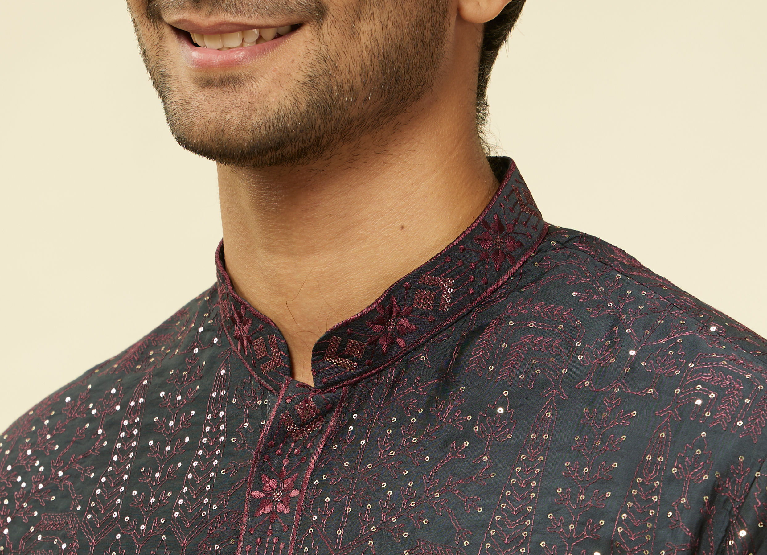 Twamev Men Enigmatic Dark Grey Sequin Kurta Set with Dupatta