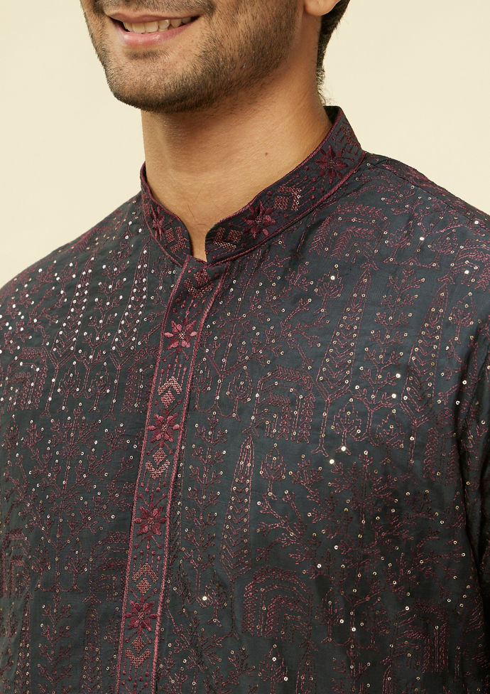 Twamev Men Enigmatic Dark Grey Sequin Kurta Set with Dupatta