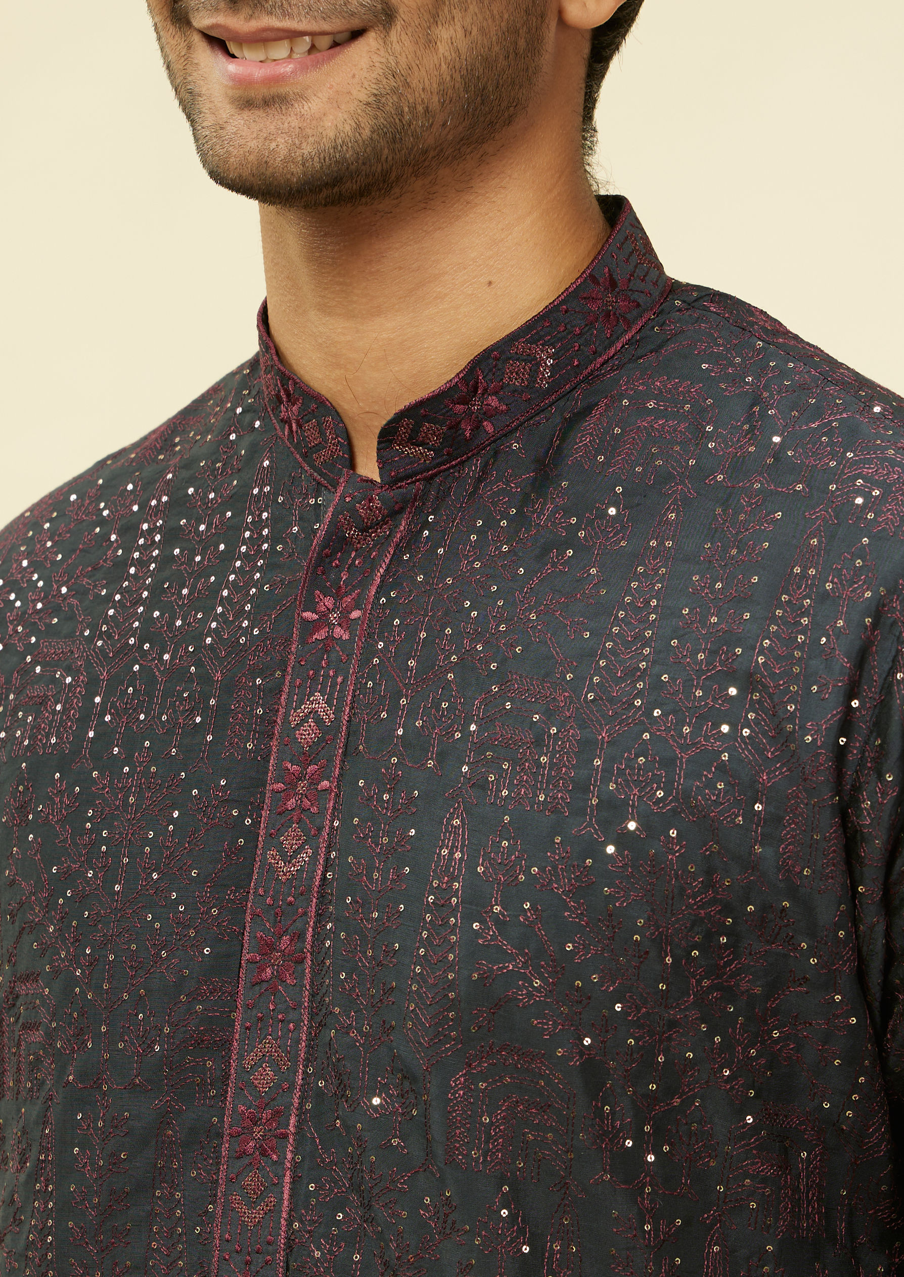Twamev Men Enigmatic Dark Grey Sequin Kurta Set with Dupatta