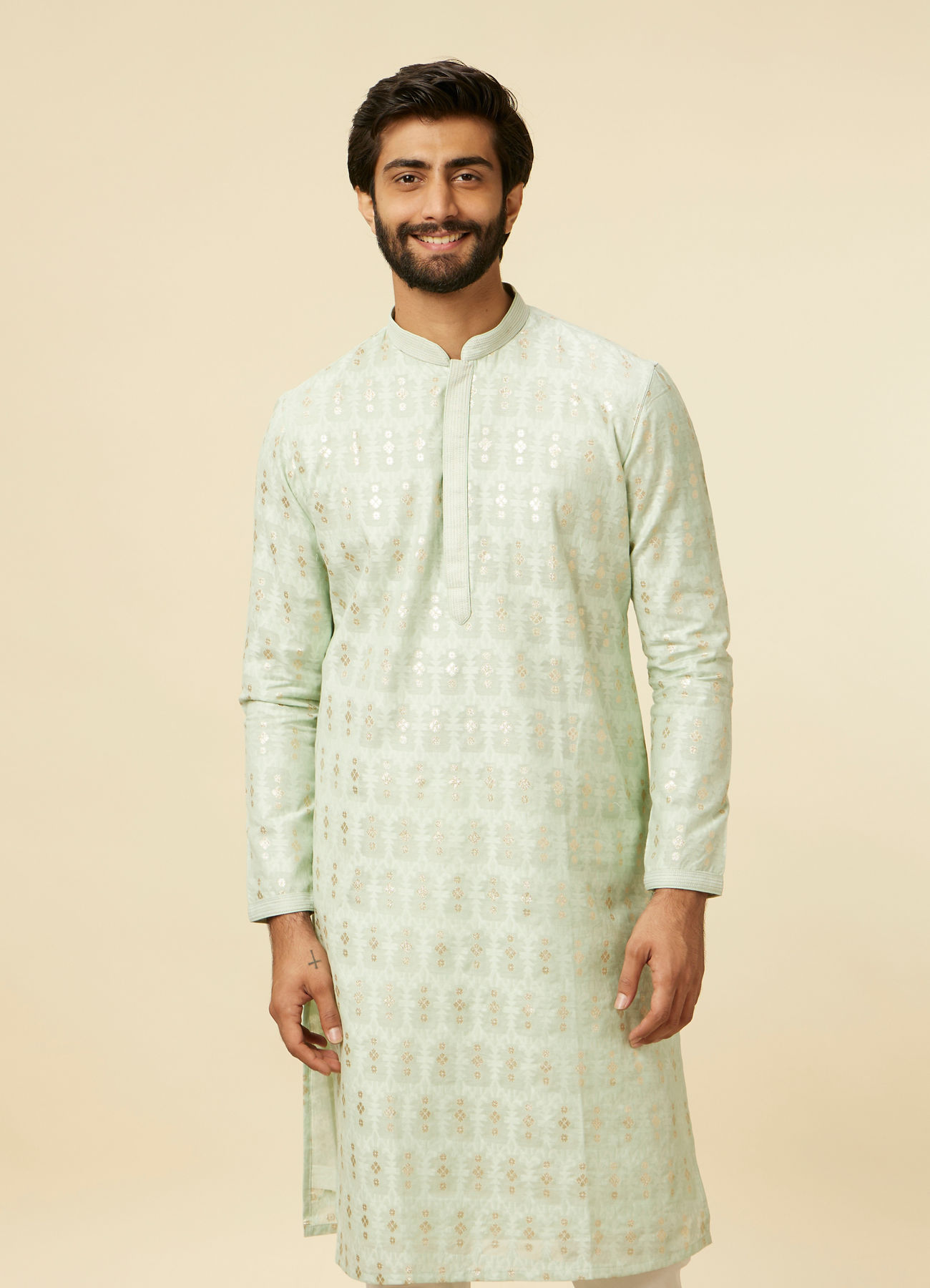 Twamev Men Light Blue Floral Buta Patterned Kurta Set