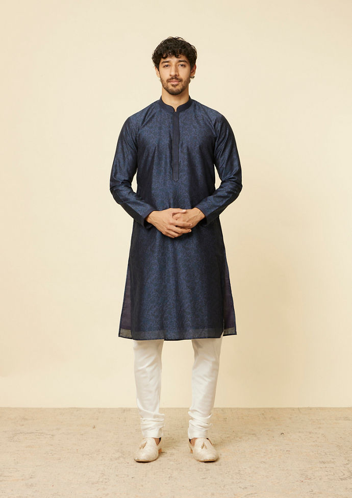 Twamev Men Indigo Blue Bel Buti Patterned Kurta Set