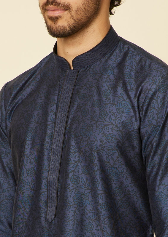 Twamev Men Indigo Blue Bel Buti Patterned Kurta Set