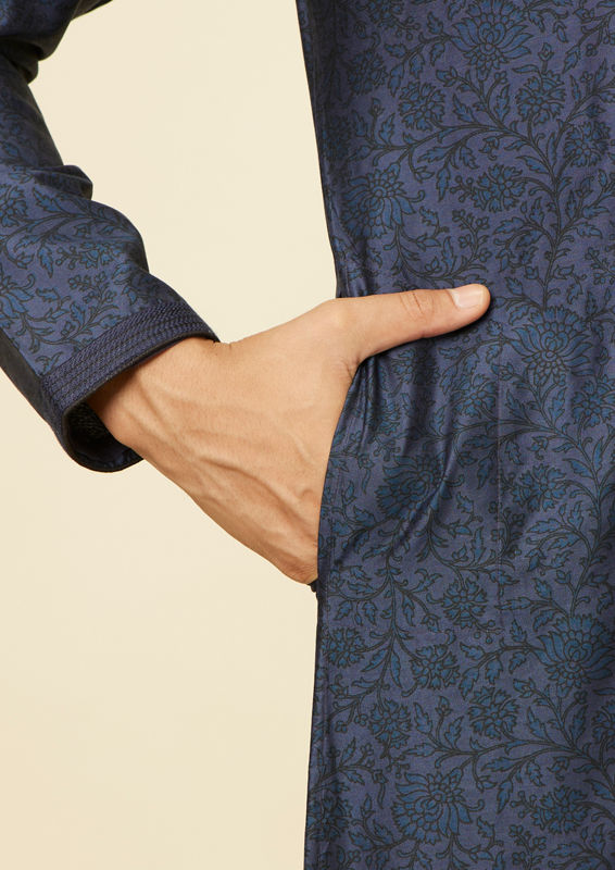 Twamev Men Indigo Blue Bel Buti Patterned Kurta Set